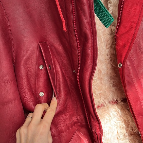 Red Leather Shearling lined coat vintage hooded anorak parka - Picture 8 of 11